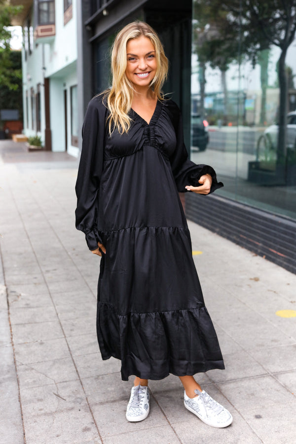 Elegant Black Elastic V Neck Tiered Satin Maxi Dress - Coeur de la Mode