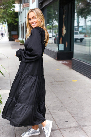 Elegant Black Elastic V Neck Tiered Satin Maxi Dress - Coeur de la Mode