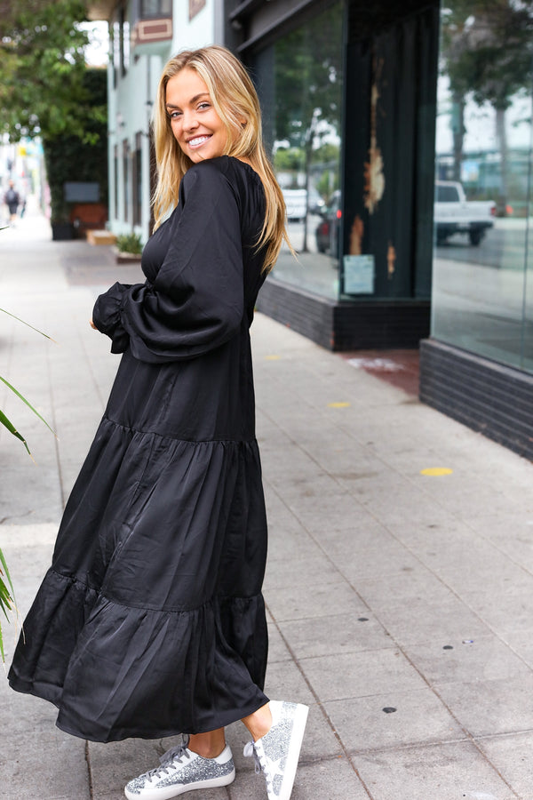 Elegant Black Elastic V Neck Tiered Satin Maxi Dress - Coeur de la Mode
