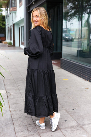 Elegant Black Elastic V Neck Tiered Satin Maxi Dress - Coeur de la Mode