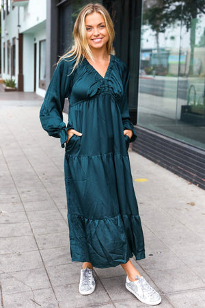 Elegant Hunter Green Elastic V Neck Tiered Satin Maxi Dress - Coeur de la Mode