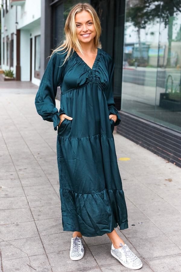 Elegant Hunter Green Elastic V Neck Tiered Satin Maxi Dress - Coeur de la Mode