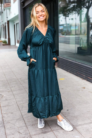Elegant Hunter Green Elastic V Neck Tiered Satin Maxi Dress - Coeur de la Mode