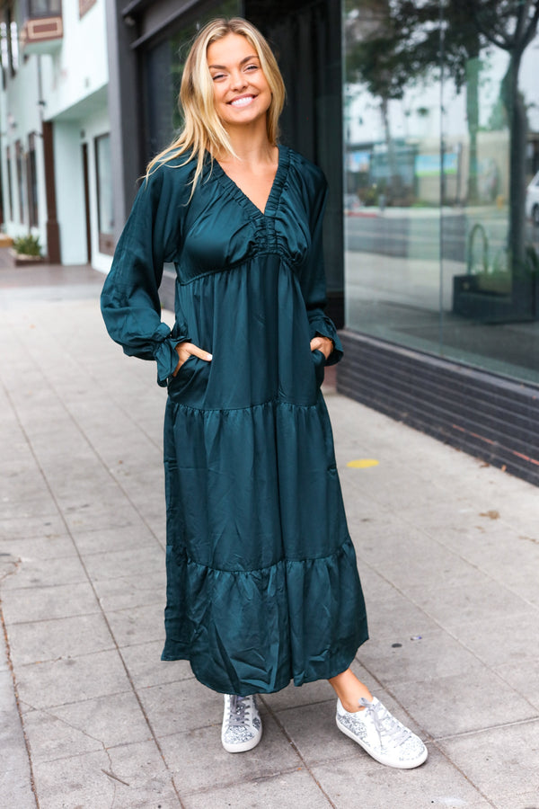 Elegant Hunter Green Elastic V Neck Tiered Satin Maxi Dress - Coeur de la Mode