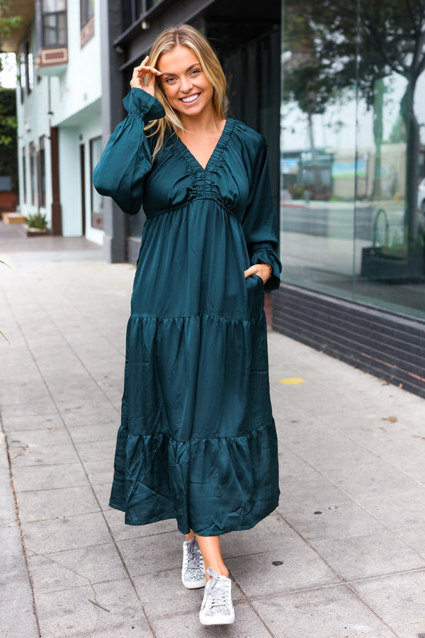 Elegant Hunter Green Elastic V Neck Tiered Satin Maxi Dress - Coeur de la Mode