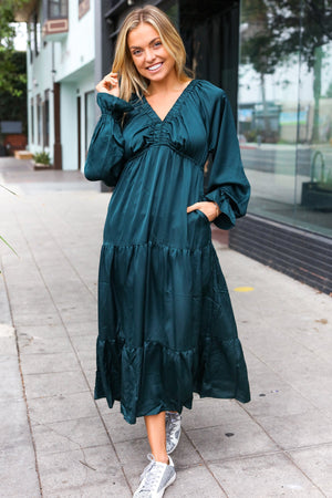 Elegant Hunter Green Elastic V Neck Tiered Satin Maxi Dress - Coeur de la Mode