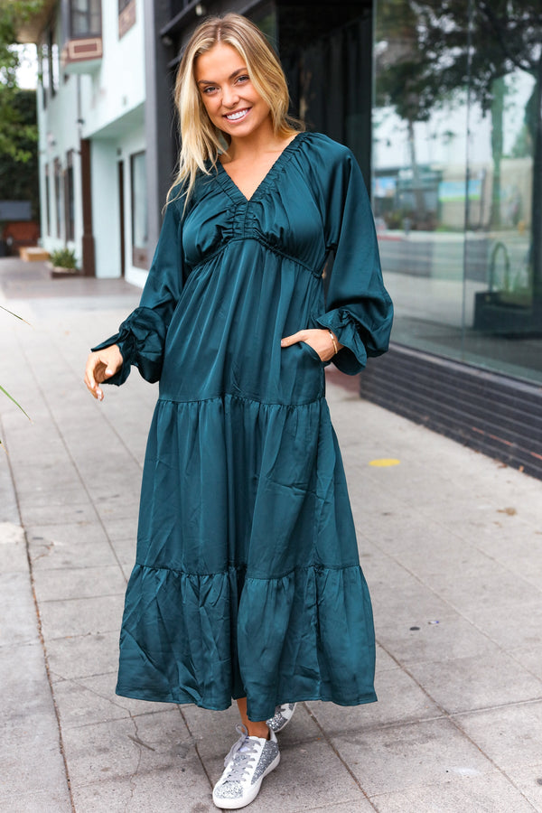 Elegant Hunter Green Elastic V Neck Tiered Satin Maxi Dress - Coeur de la Mode