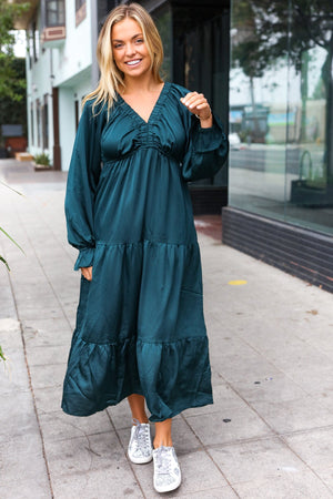 Elegant Hunter Green Elastic V Neck Tiered Satin Maxi Dress - Coeur de la Mode