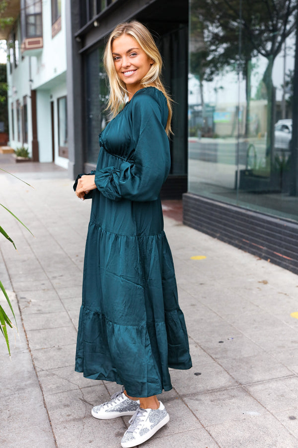 Elegant Hunter Green Elastic V Neck Tiered Satin Maxi Dress - Coeur de la Mode