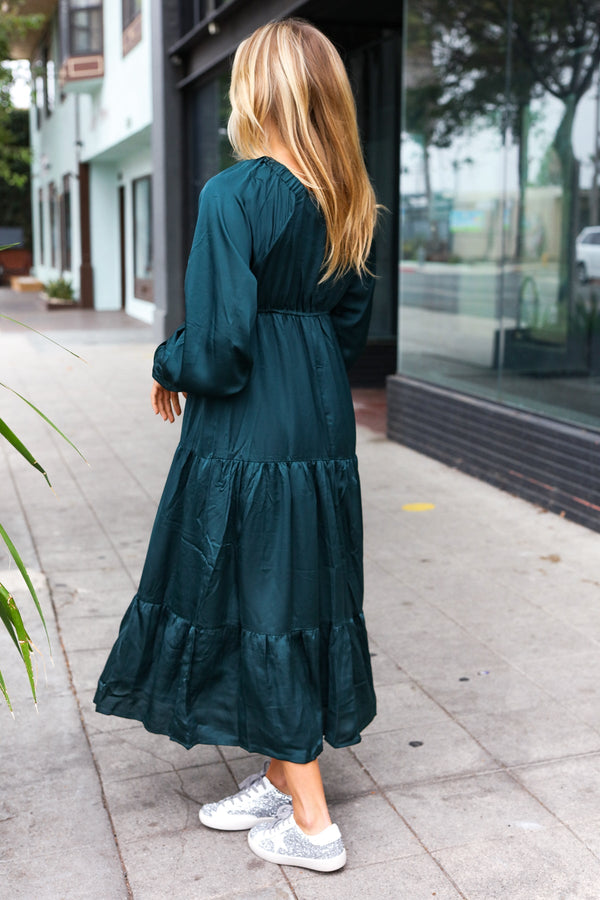 Elegant Hunter Green Elastic V Neck Tiered Satin Maxi Dress - Coeur de la Mode