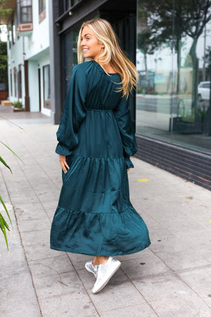 Elegant Hunter Green Elastic V Neck Tiered Satin Maxi Dress - Coeur de la Mode