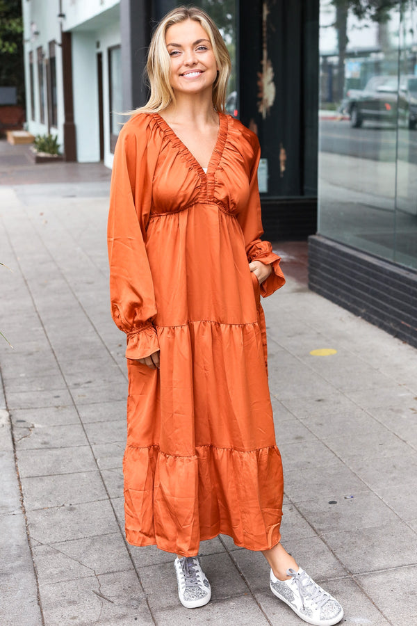 Elegant Rust Elastic V Neck Tiered Satin Maxi Dress - Coeur de la Mode
