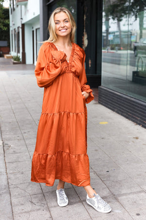 Elegant Rust Elastic V Neck Tiered Satin Maxi Dress - Coeur de la Mode
