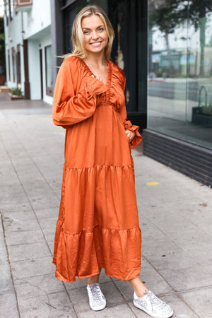 Elegant Rust Elastic V Neck Tiered Satin Maxi Dress - Coeur de la Mode