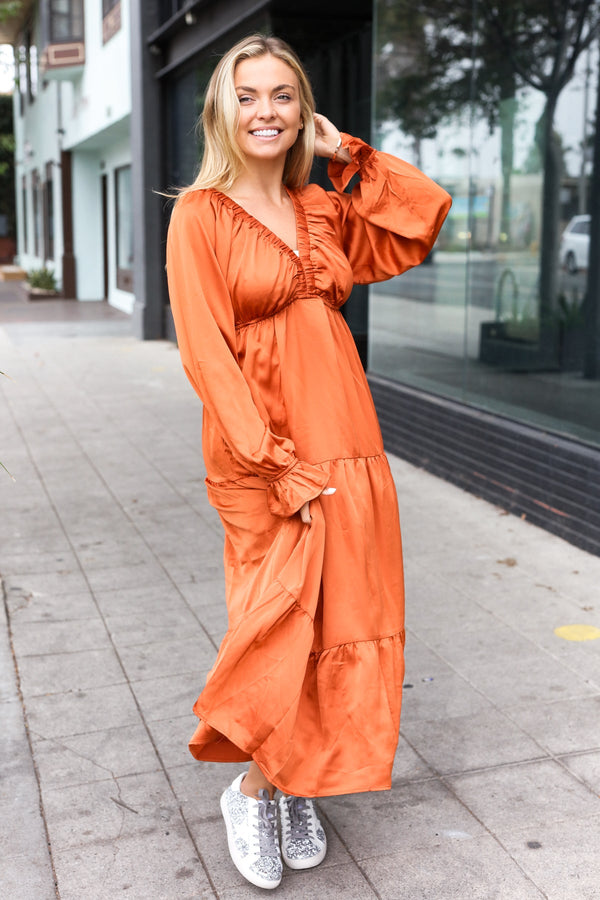 Elegant Rust Elastic V Neck Tiered Satin Maxi Dress - Coeur de la Mode