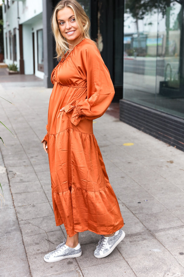 Elegant Rust Elastic V Neck Tiered Satin Maxi Dress - Coeur de la Mode