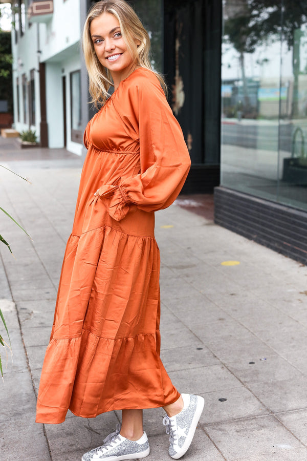 Elegant Rust Elastic V Neck Tiered Satin Maxi Dress - Coeur de la Mode