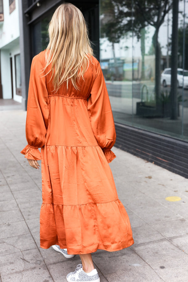 Elegant Rust Elastic V Neck Tiered Satin Maxi Dress - Coeur de la Mode
