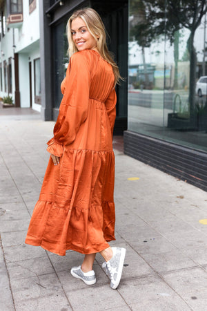 Elegant Rust Elastic V Neck Tiered Satin Maxi Dress - Coeur de la Mode