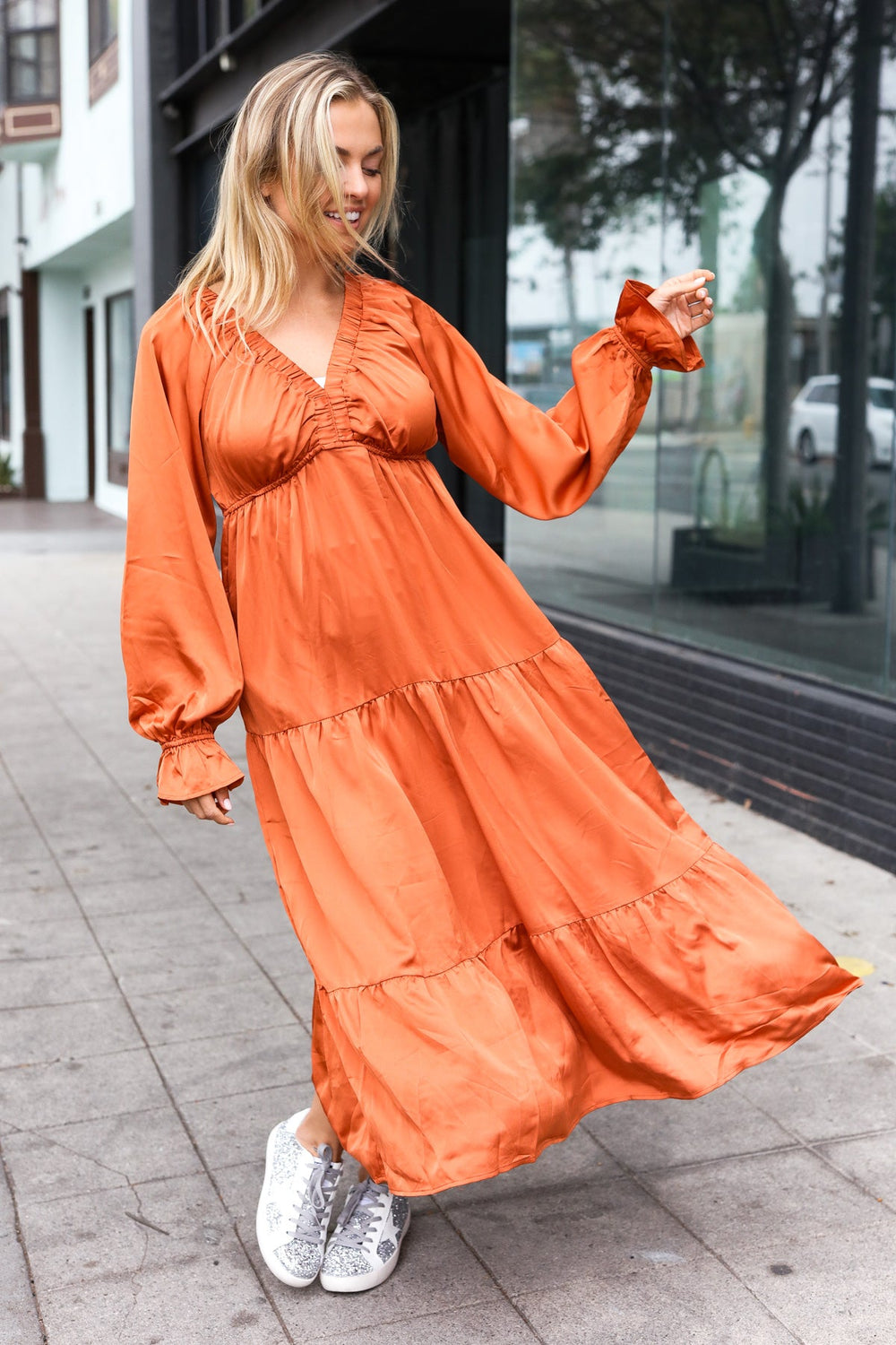 Elegant Rust Elastic V Neck Tiered Satin Maxi Dress - Coeur de la Mode