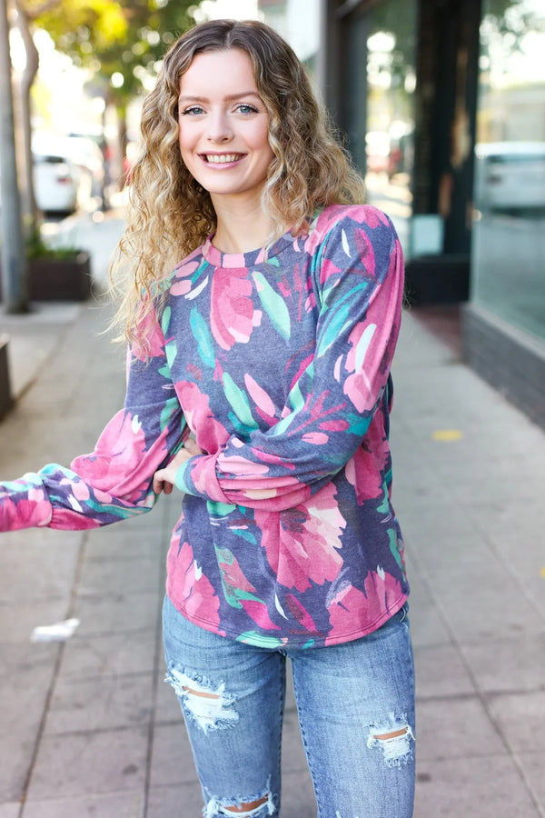 On My Heart Navy Floral Brushed Hacci Sweater Top - Coeur de la Mode