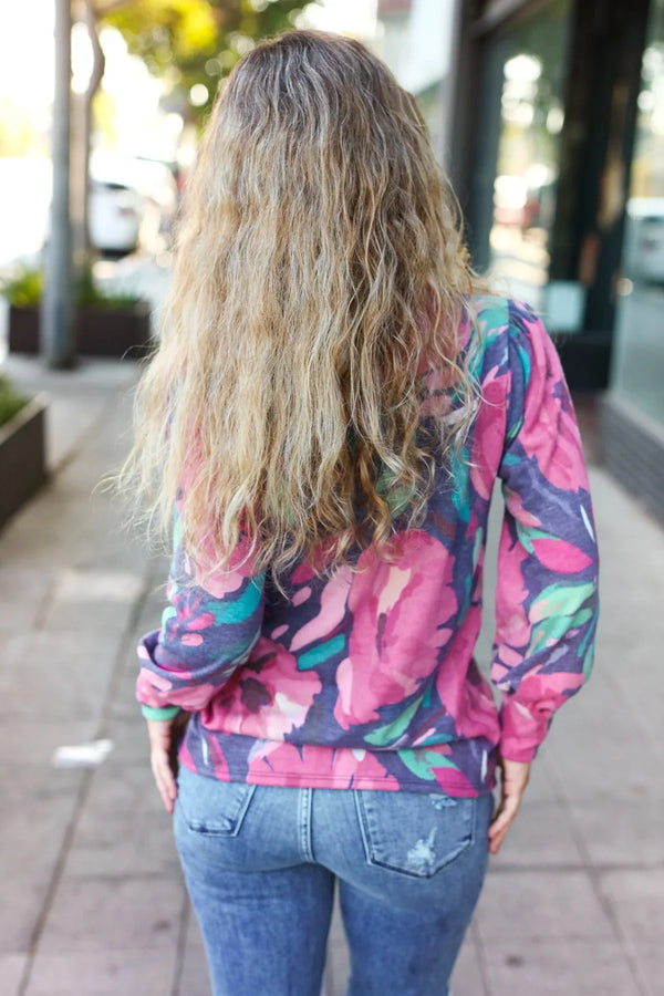 On My Heart Navy Floral Brushed Hacci Sweater Top - Coeur de la Mode