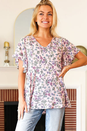 Summer Vibes Blush Floral Print V Neck Babydoll Crepe Top - Coeur de la Mode