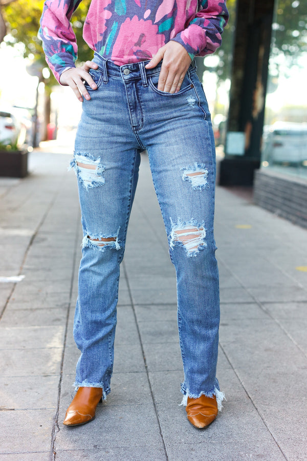 Judy Blue Medium Wash Mid Rise Distressed Straight Leg Jeans - Coeur de la Mode