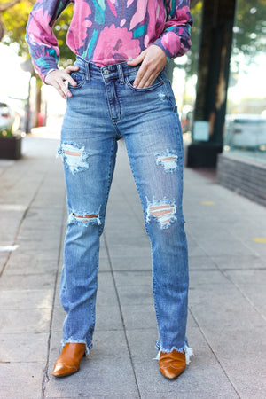 Judy Blue Medium Wash Mid Rise Distressed Straight Leg Jeans - Coeur de la Mode