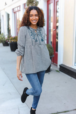 Beautiful You Dark Green Cotton Plaid Embroidered Back Button Top - Coeur de la Mode