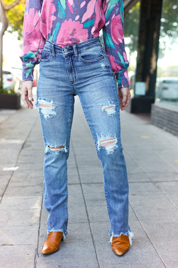 Judy Blue Medium Wash Mid Rise Distressed Straight Leg Jeans - Coeur de la Mode