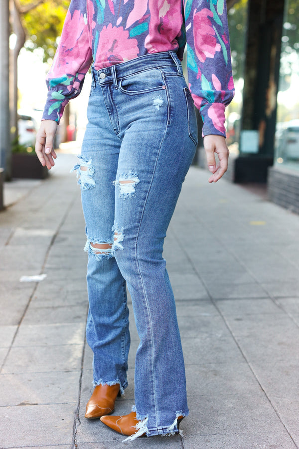 Judy Blue Medium Wash Mid Rise Distressed Straight Leg Jeans - Coeur de la Mode