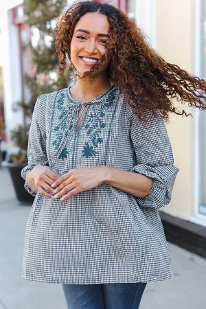 Beautiful You Dark Green Cotton Plaid Embroidered Back Button Top - Coeur de la Mode