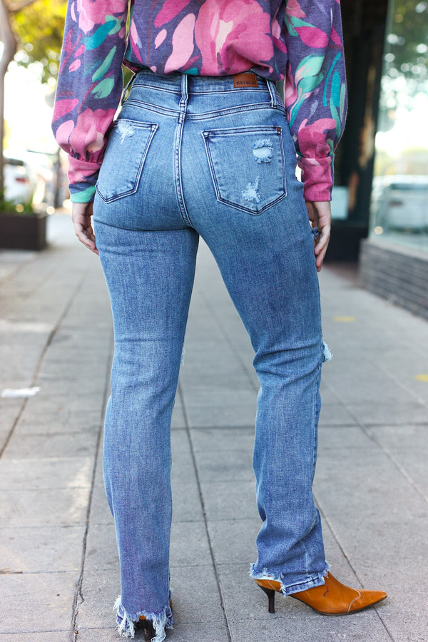 Judy Blue Medium Wash Mid Rise Distressed Straight Leg Jeans - Coeur de la Mode