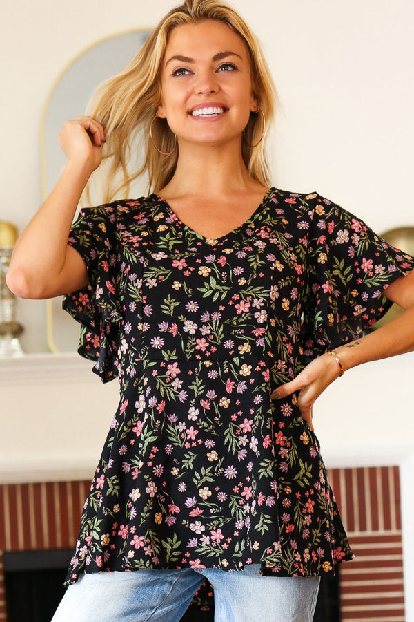 Summer Vibes Black Floral Print V Neck Babydoll Crepe Top - Coeur de la Mode