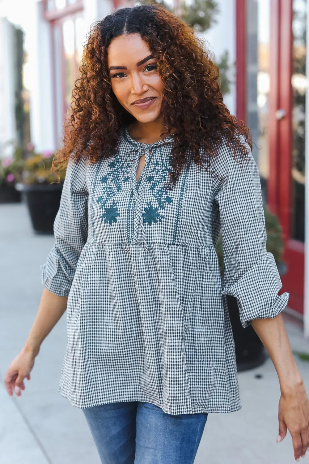 Beautiful You Dark Green Cotton Plaid Embroidered Back Button Top - Coeur de la Mode