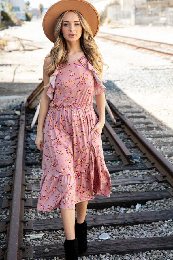 Rose Floral Halter Ruffle Hem Pocketed Midi Dress - Coeur de la Mode