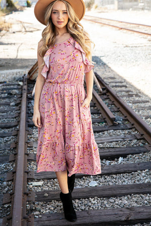 Rose Floral Halter Ruffle Hem Pocketed Midi Dress - Coeur de la Mode