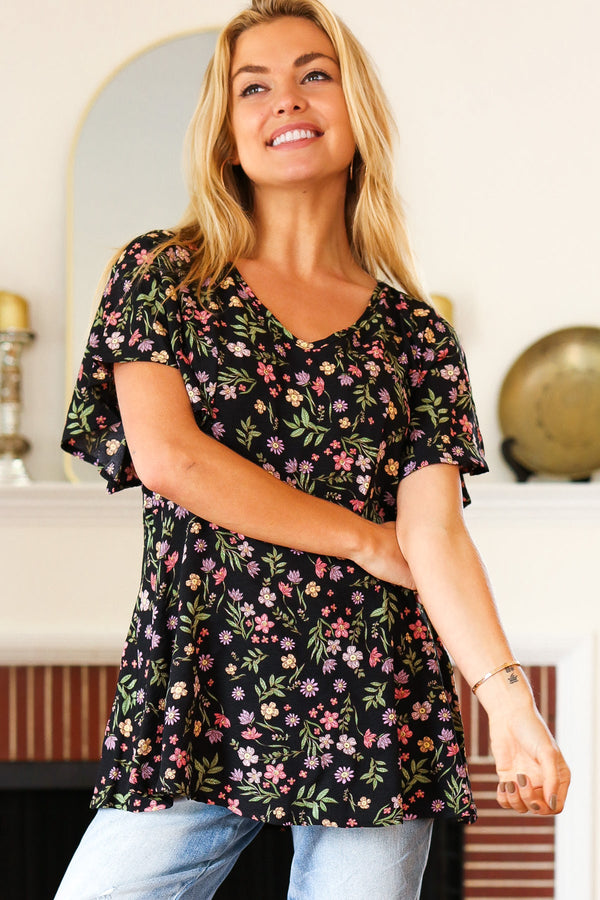 Summer Vibes Black Floral Print V Neck Babydoll Crepe Top - Coeur de la Mode