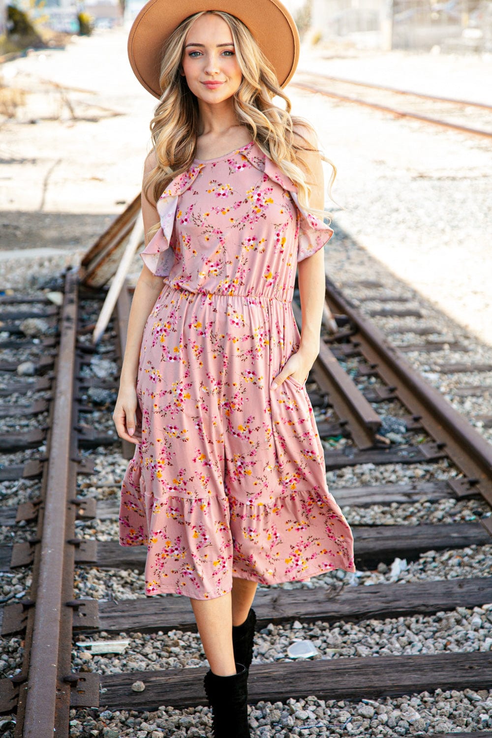 Rose Floral Halter Ruffle Hem Pocketed Midi Dress - Coeur de la Mode