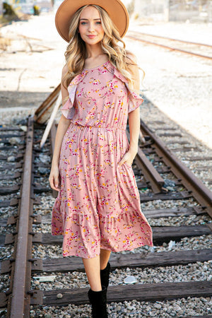 Rose Floral Halter Ruffle Hem Pocketed Midi Dress - Coeur de la Mode