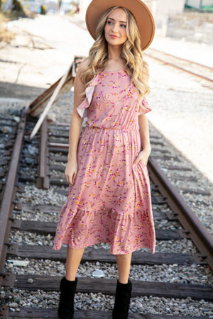 Rose Floral Halter Ruffle Hem Pocketed Midi Dress - Coeur de la Mode