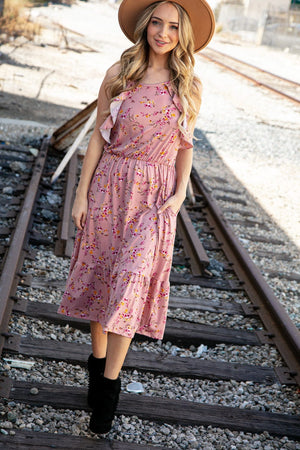 Rose Floral Halter Ruffle Hem Pocketed Midi Dress - Coeur de la Mode