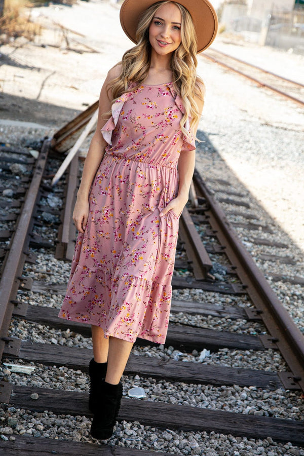 Rose Floral Halter Ruffle Hem Pocketed Midi Dress - Coeur de la Mode