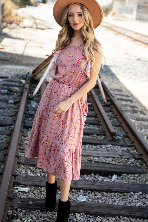 Rose Floral Halter Ruffle Hem Pocketed Midi Dress - Coeur de la Mode