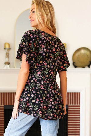 Summer Vibes Black Floral Print V Neck Babydoll Crepe Top - Coeur de la Mode