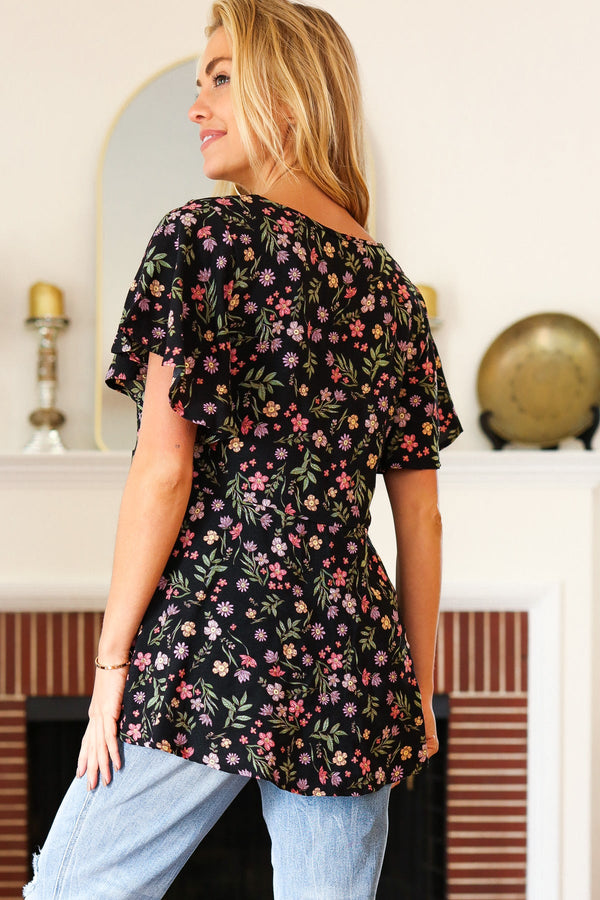 Summer Vibes Black Floral Print V Neck Babydoll Crepe Top - Coeur de la Mode