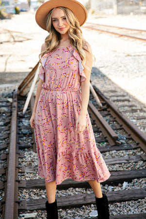 Rose Floral Halter Ruffle Hem Pocketed Midi Dress - Coeur de la Mode