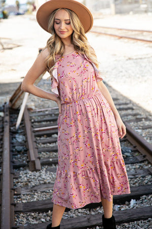 Rose Floral Halter Ruffle Hem Pocketed Midi Dress - Coeur de la Mode