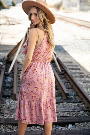 Rose Floral Halter Ruffle Hem Pocketed Midi Dress - Coeur de la Mode